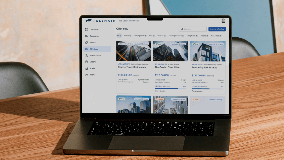 Polymath Capital's real-estate investment marketplace displayed on a laptop.