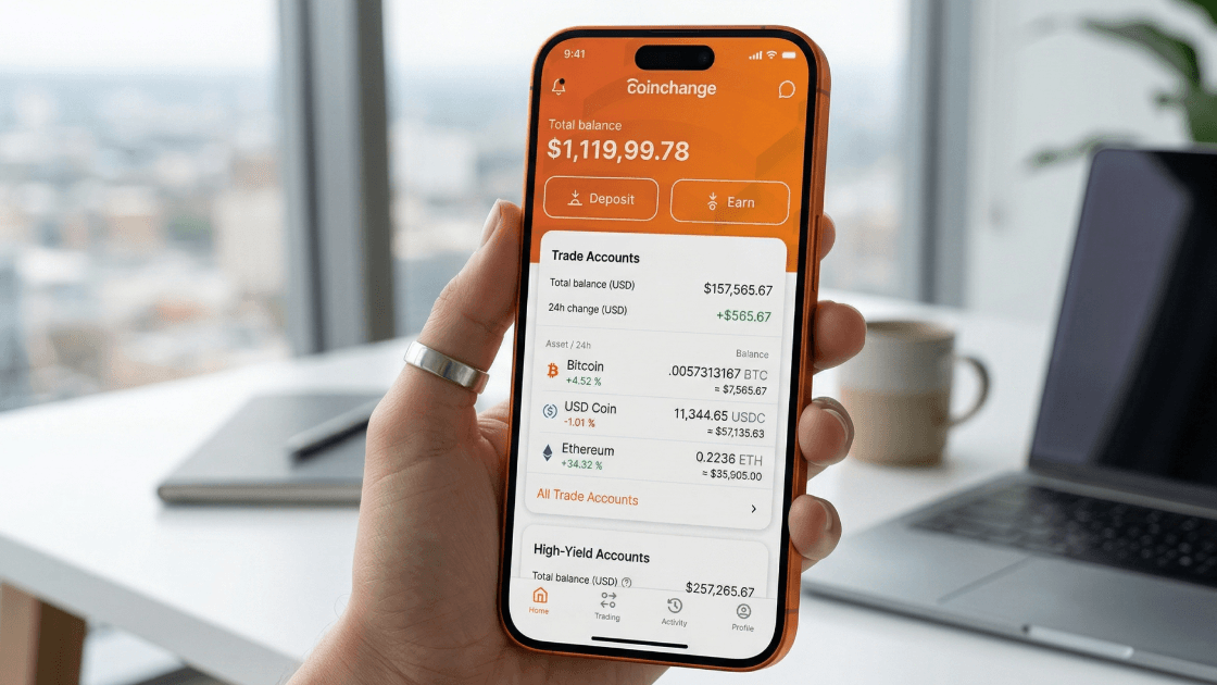 Coinchange mobile app displayed on a phone held in an office.