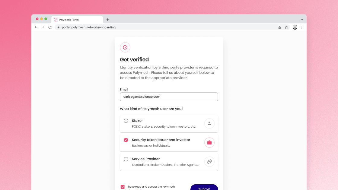 Polymesh identity-verification form for account onboarding.