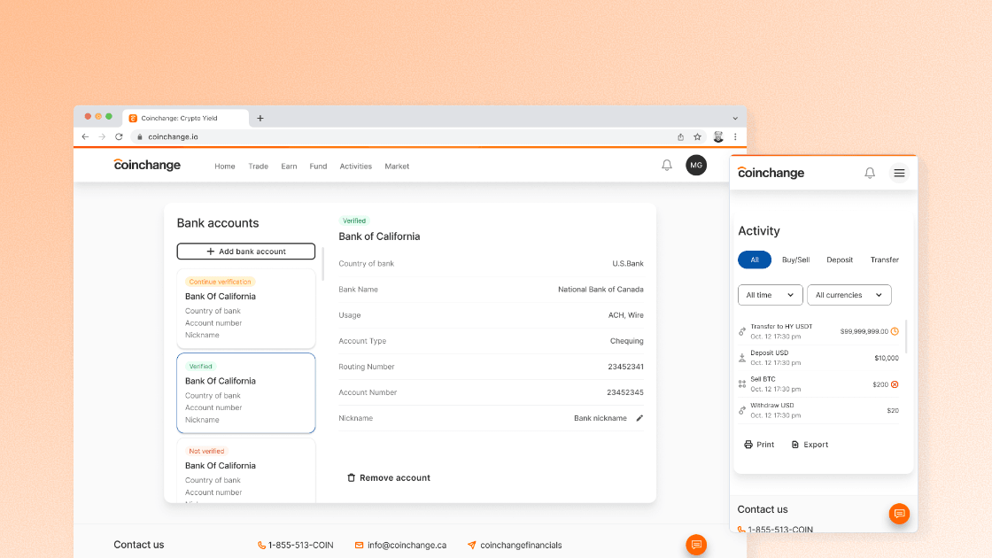 Coinchange savings account page with yield and transaction details.