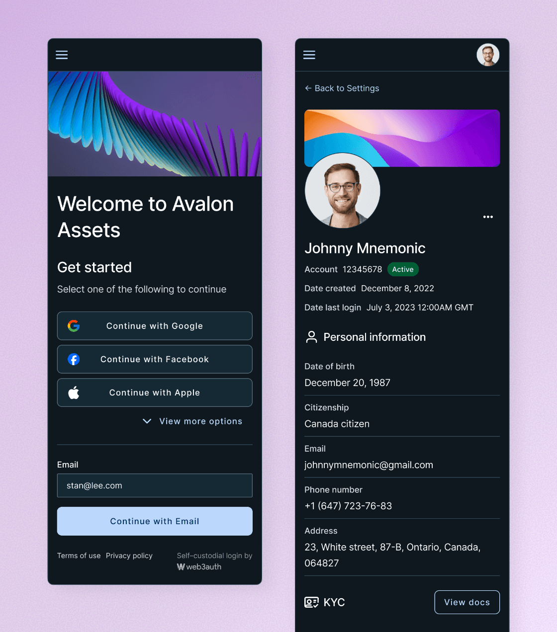 Polymath mobile login and investor profile screens.