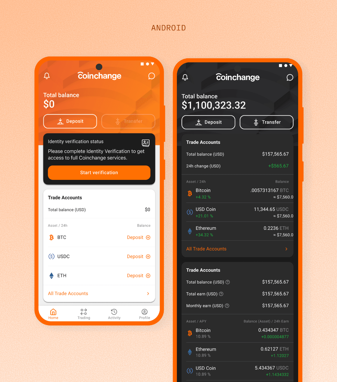 Coinchange Android app account and investment screens.